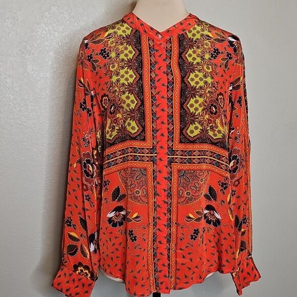 Lior Paris Red Orange Floral Patterned Button Front‎ Long Sleeve Top Medium - Picture 2 of 9